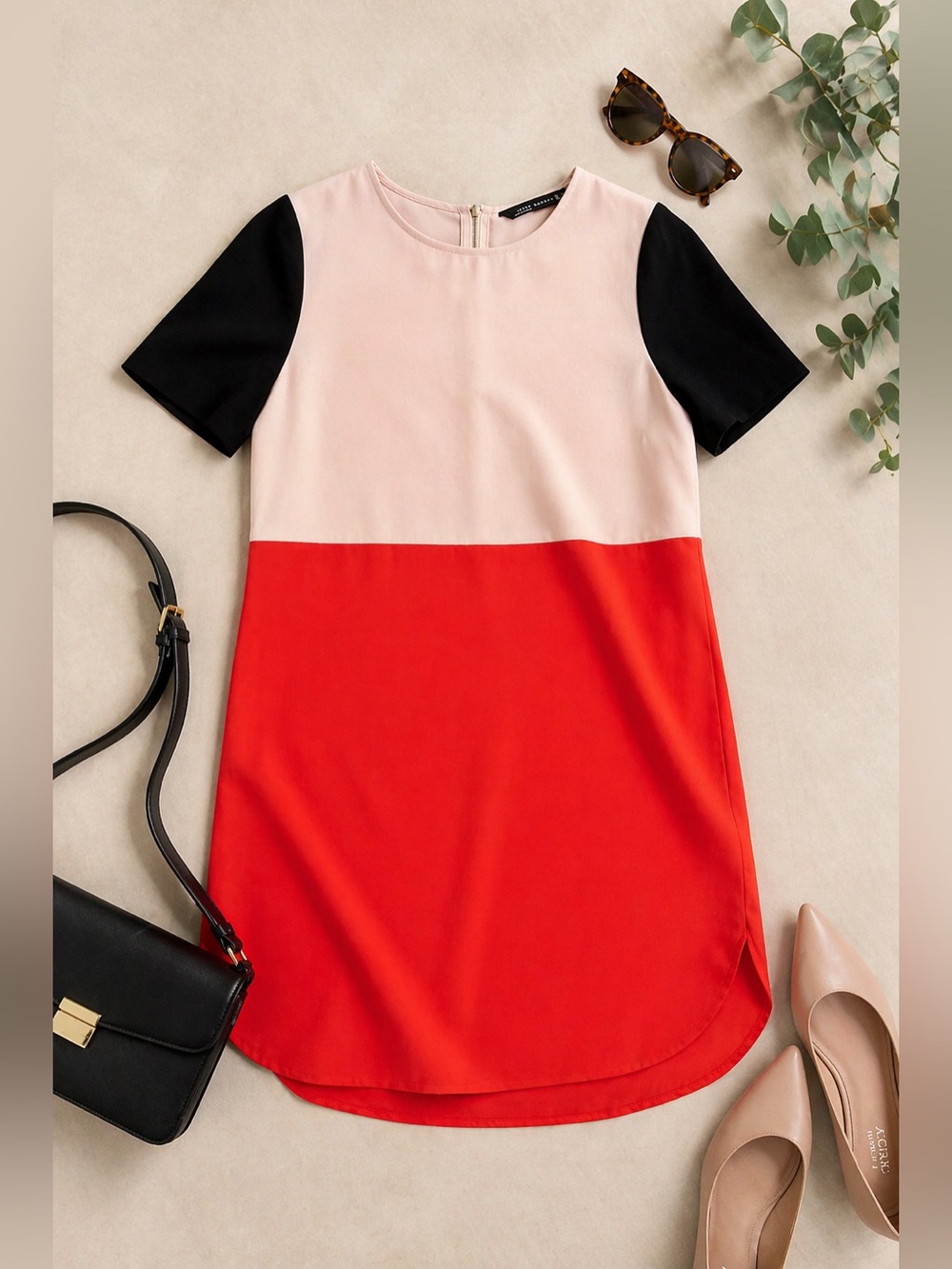 Zara Colorblock Shift Mini Dress Small Blush Pink Red Black Mod Short Sleeve - Picture 4 of 16
